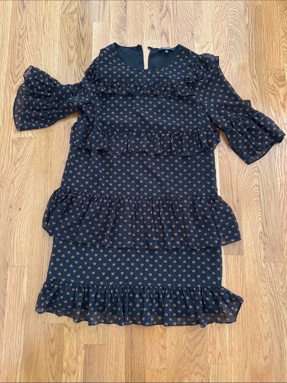 Madewell Black Mini Dress with Brown Heart Print and Ruffles